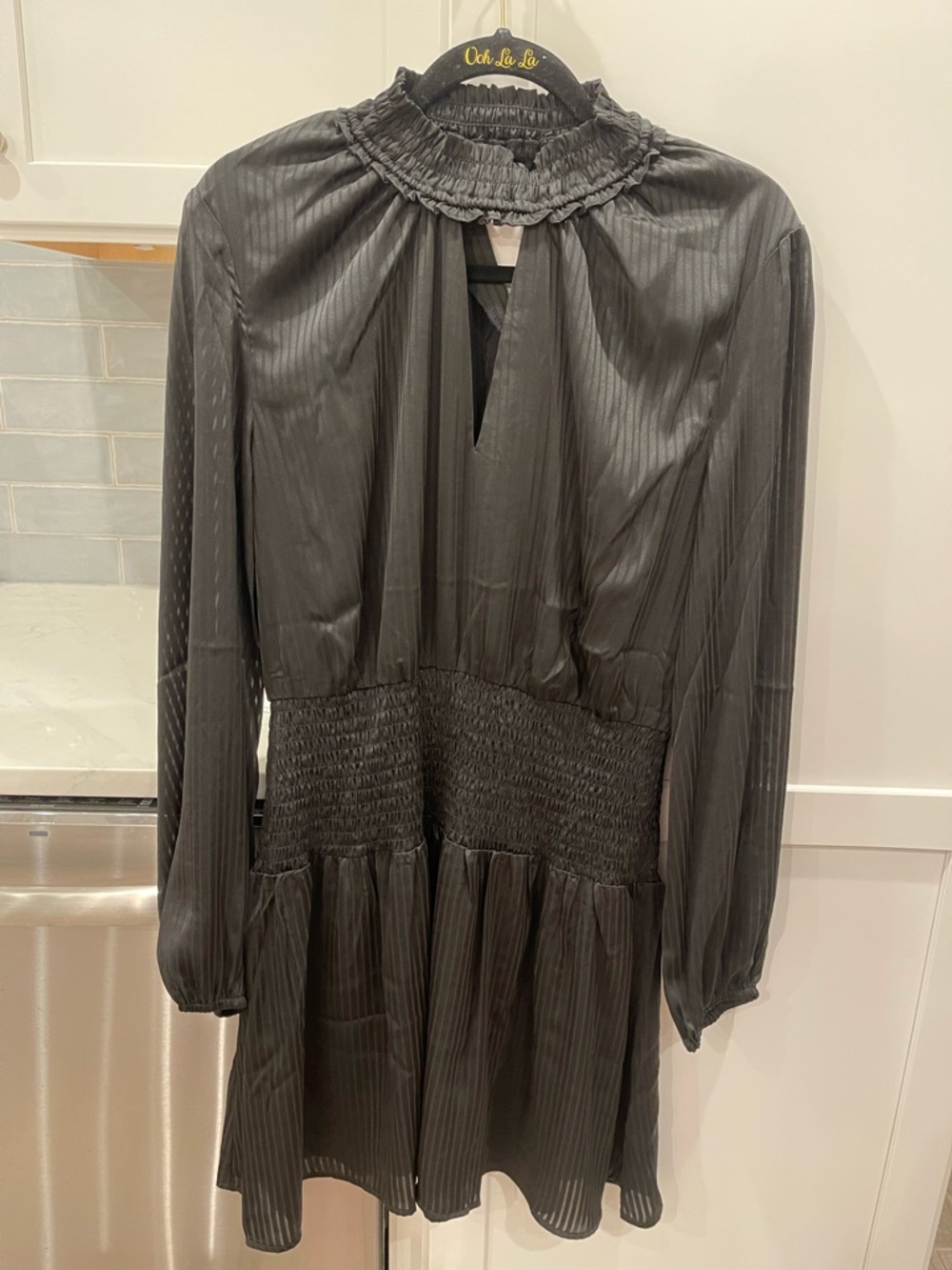 Steve Madden Women's Black Smocked Waist Long Sleeve Dress with Keyhole